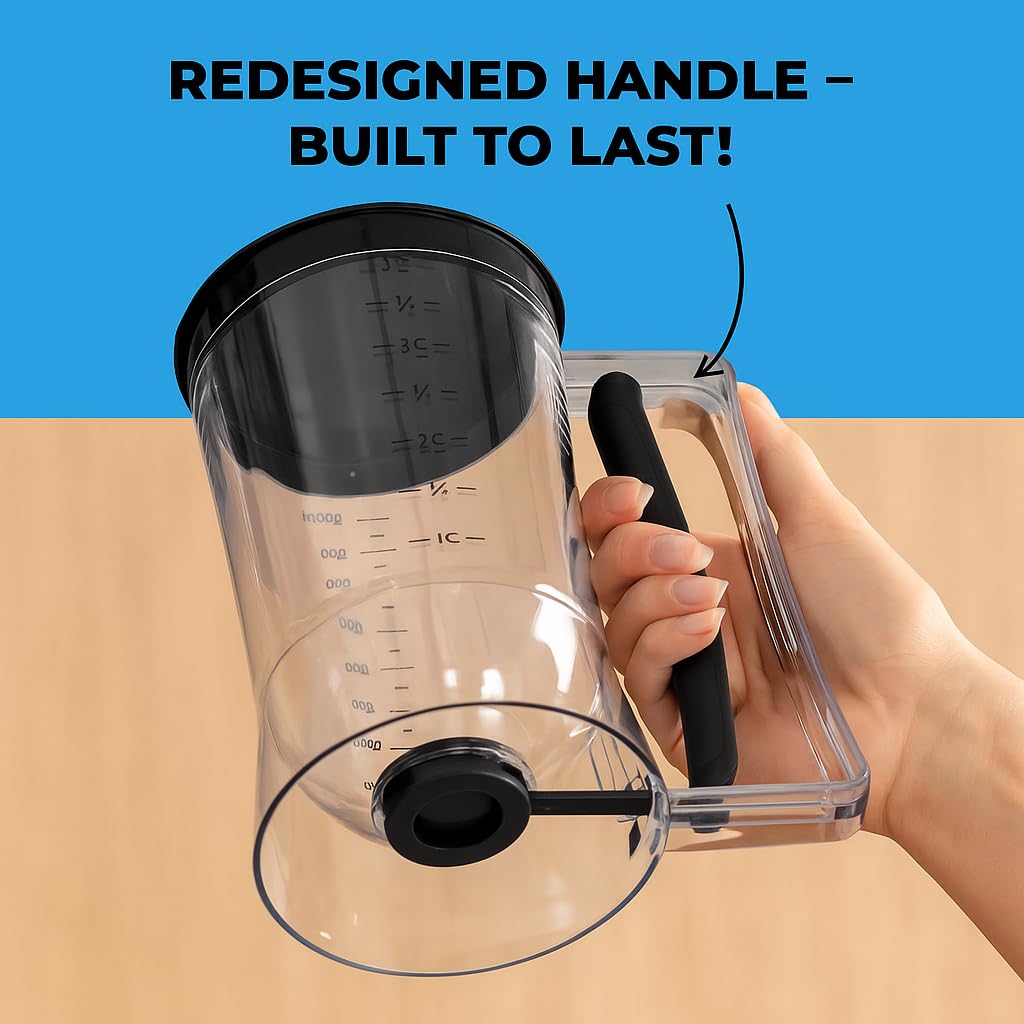 Pancake Batter Dispenser - Kitchen Must Have Tool for Perfect Pancakes, Cupcake, Waffle, Muffin Mix, Cake & Crepe - Easy Pour Baking Supplies for Griddle - Pancake Maker with Measuring Label (Black)