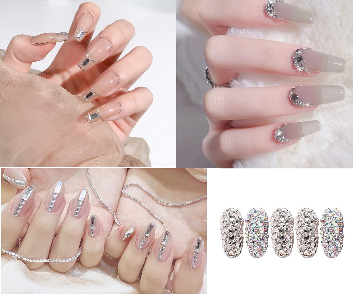 MIKOWEN Nail Art Rhinestones K9 Glass Crystal Iridescent AB Clear Flatback Diamonds for Round &Square Gems Stones Constitute in 6 Mixed Sizes Jewels Set for Nail Design Multiple 2920PCS PenTweezers