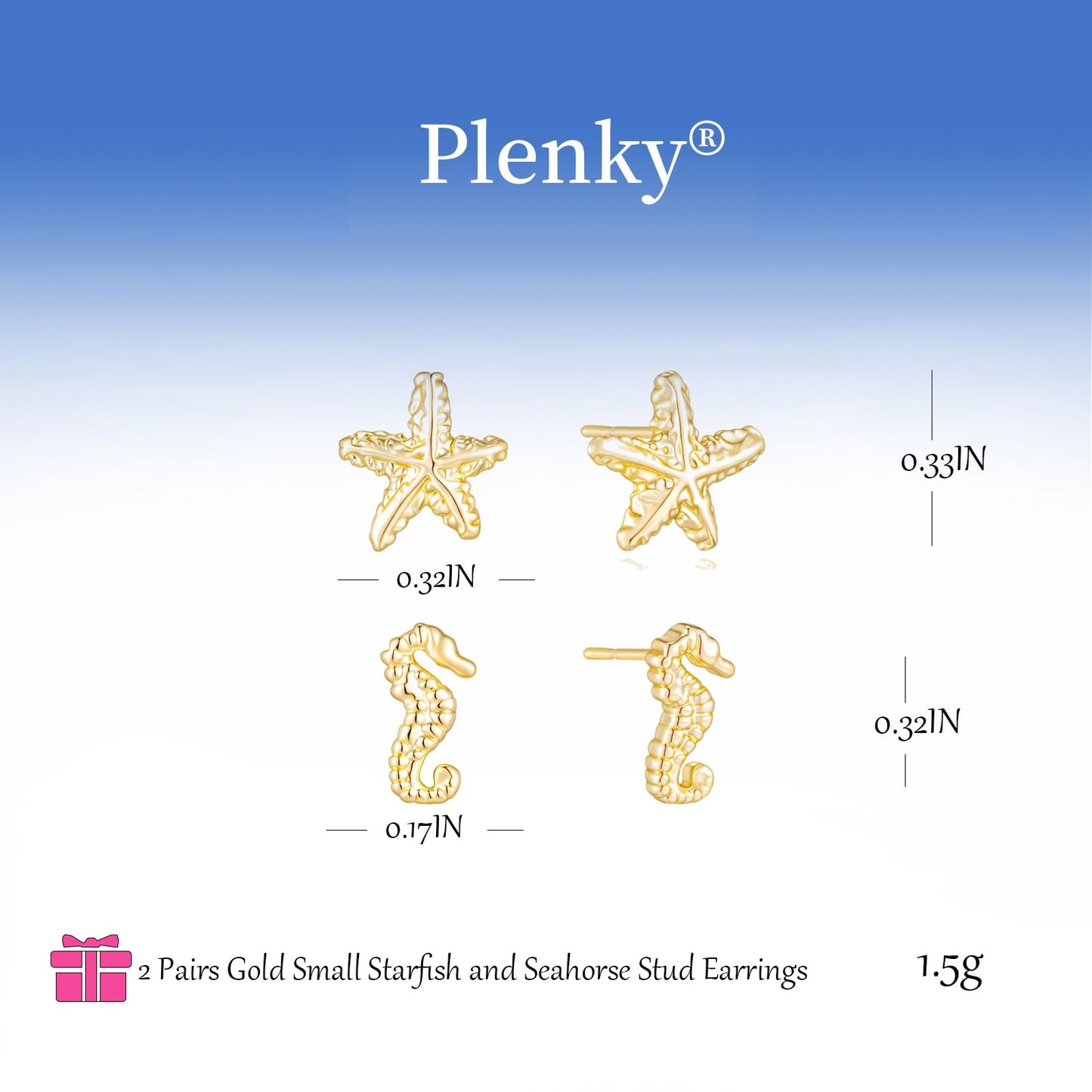 Plenky Gold Earrings for Women - 2 Pairs 14K Gold Plated Small Starfish and Seahorse Stud Earrings Set Beachy Jewelry for Women Gifts