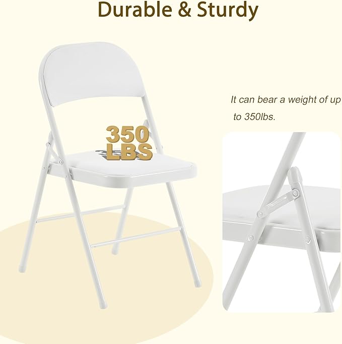 10 Pack Folding Chairs with Padded Cushion and Back, White Portable Heavy Duty Metal Frame Commercial Seat with 330-LBS Capacity for Indoor Outdoor Office Party Events Kitchen Wedding