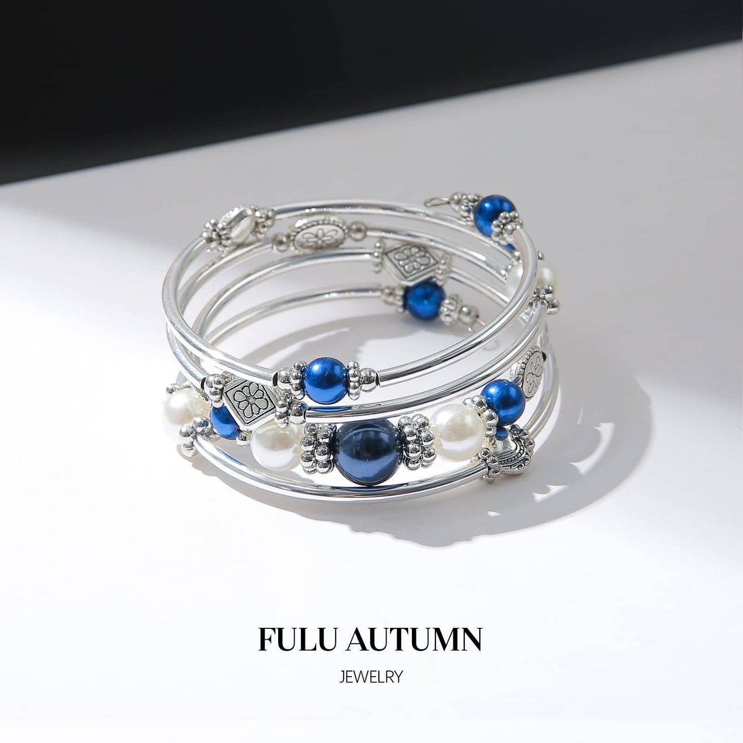 FULU AUTUMN Beaded Pearl Bangle Bracelets for Women Silver Wrap Bangles Bracelet Womens Costume Jewelry Fashion Gift(18-Blue)