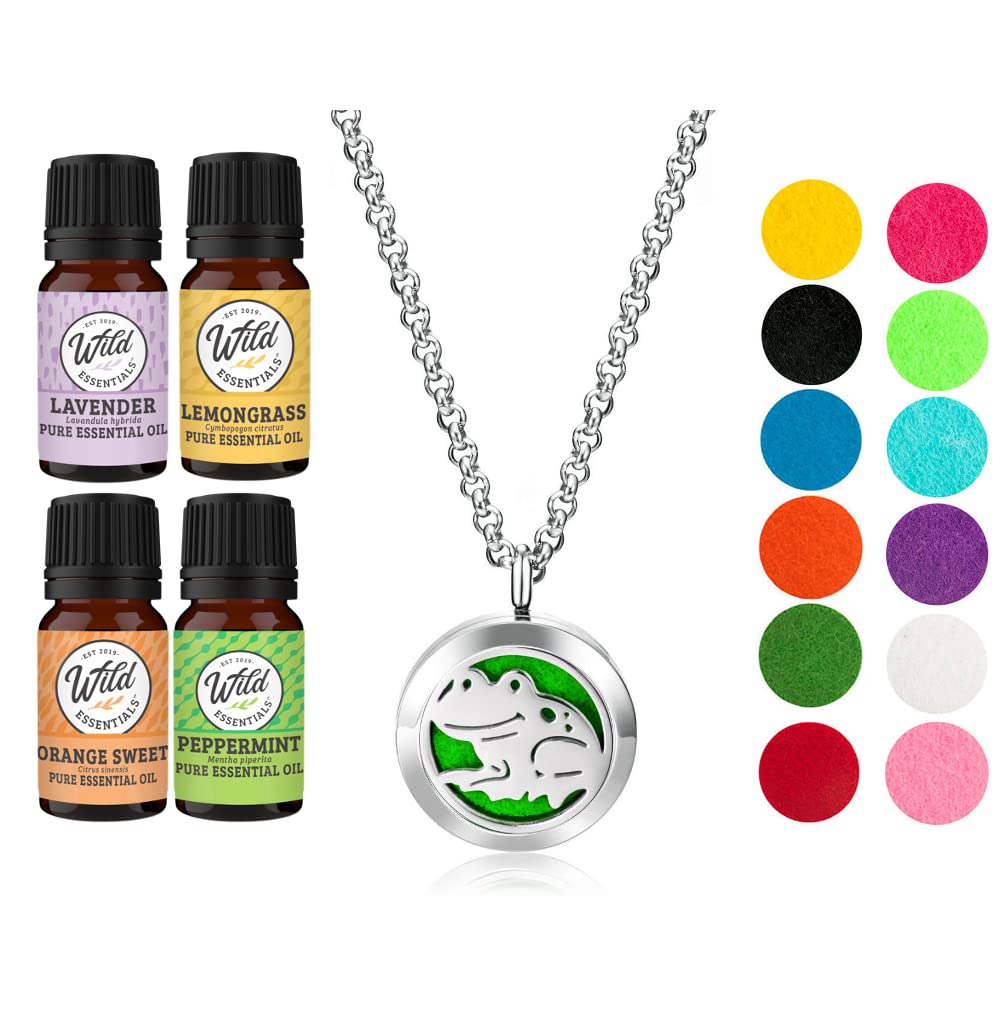 Wild Essentials Happy Frog Necklace Essential Oil Diffuser Kit with Lavender, Lemongrass, Peppermint, Orange Oils, 12 Refill Pads, Calming Aromatherapy Gift Set, Customizable Color Changing, Perfume