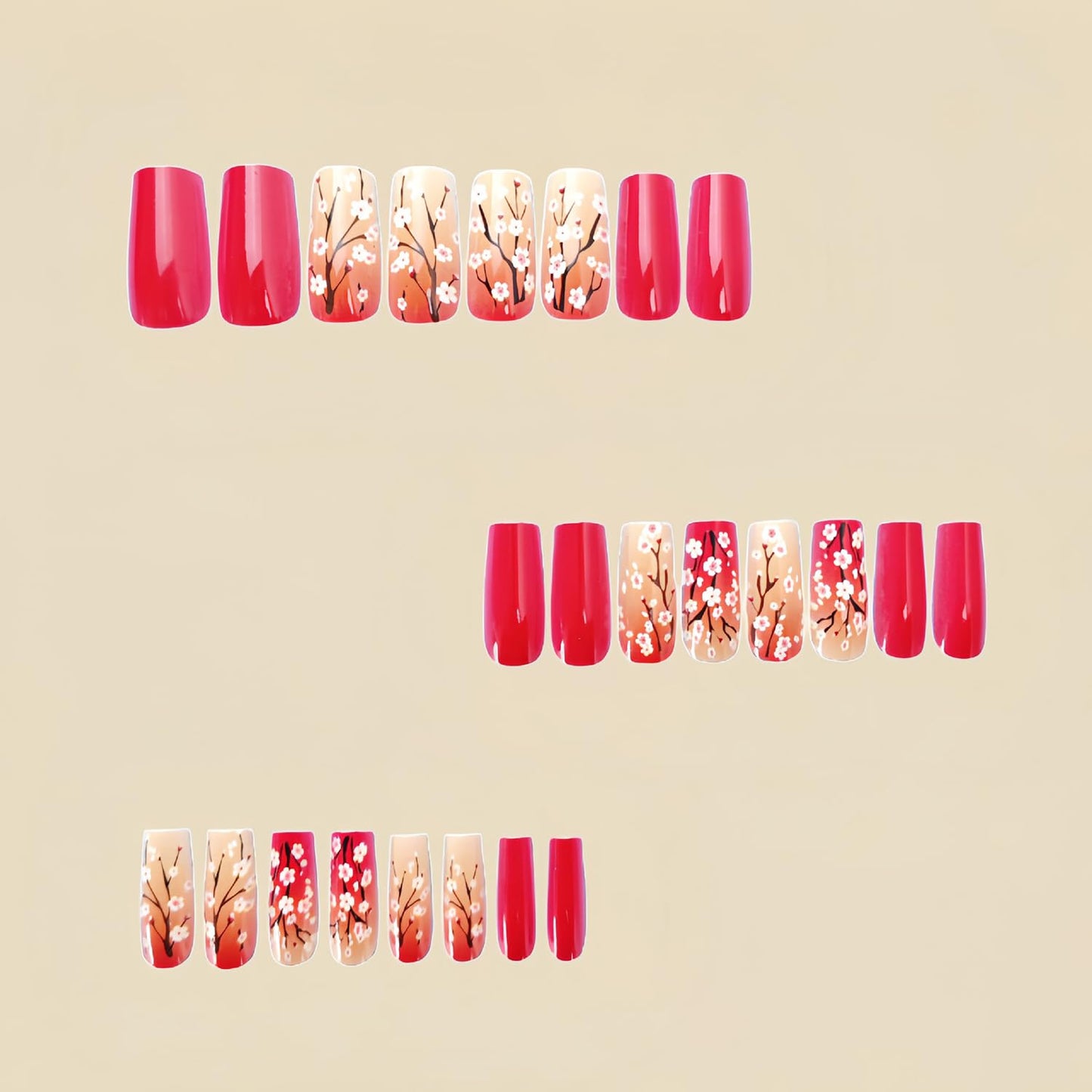 Red Press on Nails Medium Length Pink Flower Pattern Design Fake Nails Gradient Press Nails Full Cover Glossy Acrylic Nails Artificial Coffin Nails Ballet Shaped Stick on Nails Glue on Nails for Women