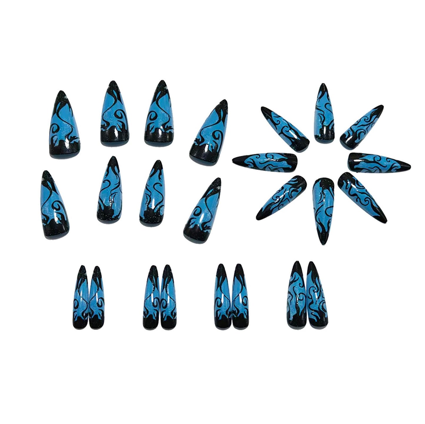 RUOKEXIN Long Stiletto Press on Nails French Tip Fake Nails Glitter False Nails with Designs Almond Nail Press ons Sparkly Artificial Nails for Women 24Pcs