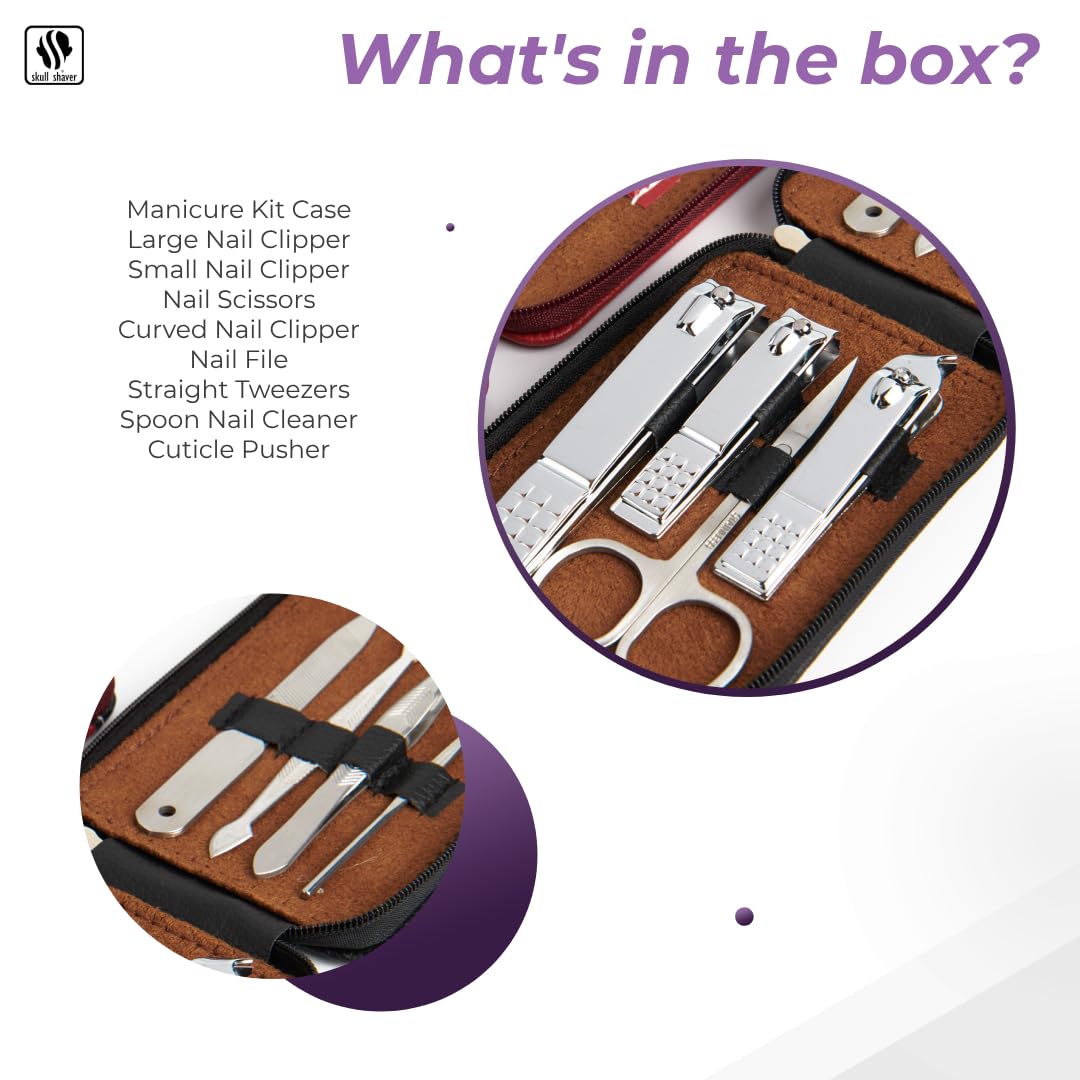 Skull Shaver 8-Piece Manicure Set for Men - High Quality Nail Kit - Stainless Steel Grooming Tools - Precision Nail Clippers with Compact Travel Case - Durable & Ergonomic Design