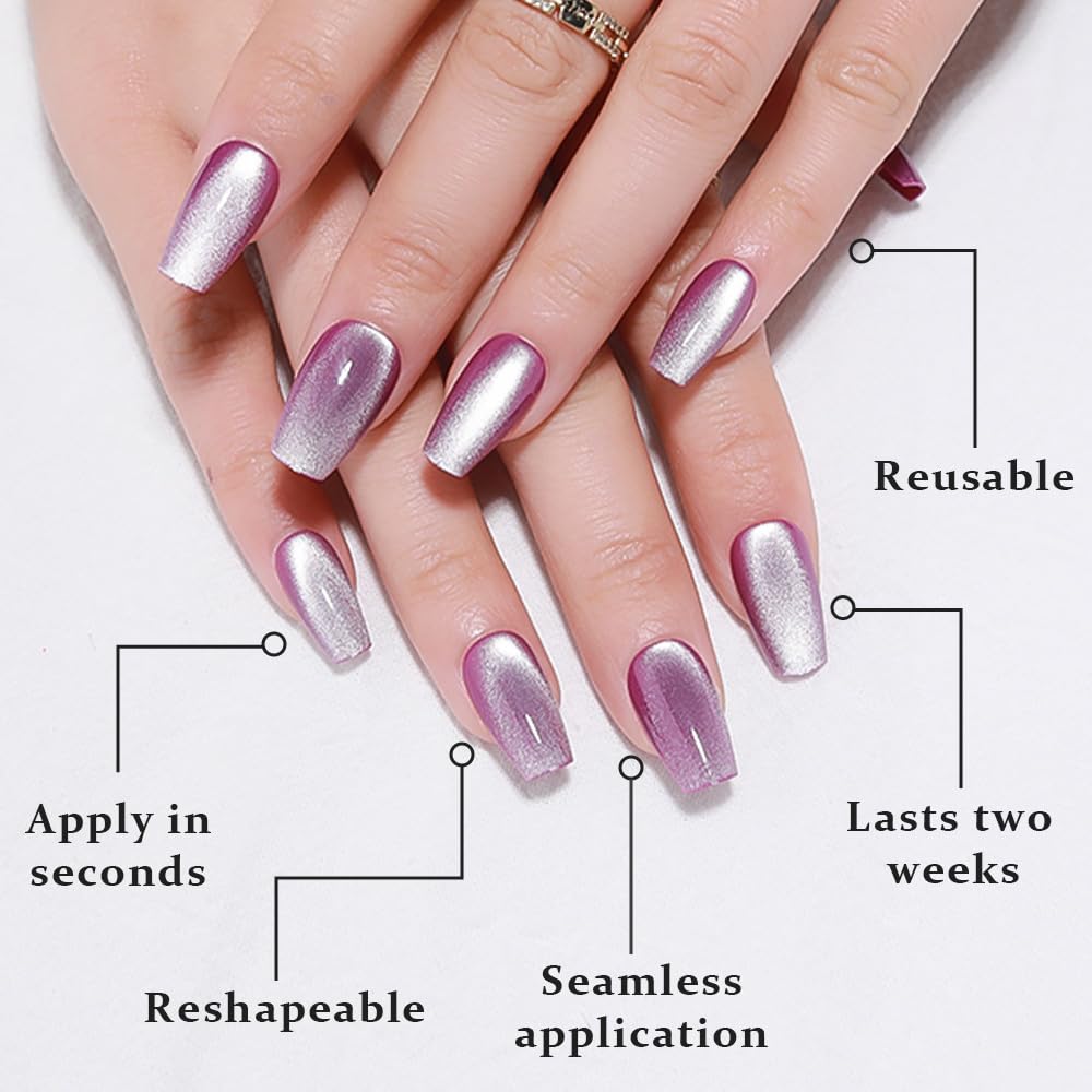 evpct Purple Cat Eye Coffin Press on Nails Medium Square No Glue, Medium Square Stick on Nails for Women Gift, Lavender Purple Metallic Glitter Glossy Reusable Summer Press on Fake Nail with Designs