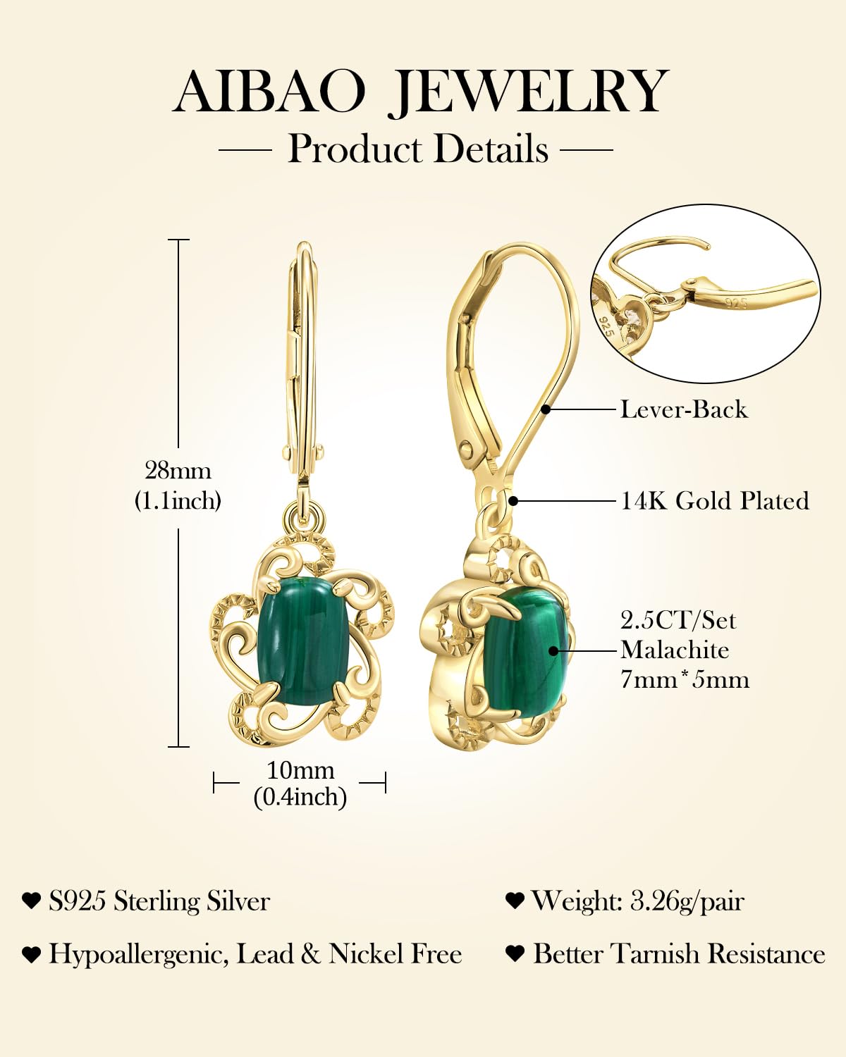 AIBAO Malachite Dangle Earrings for Women Cushion Shaped Green Crystal Flower Drop Earrings Western Boho Jewelry Sterling Silver Malachite Earrings Dangling