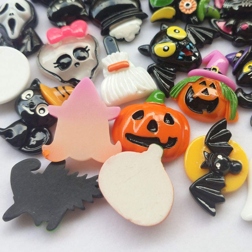 Chenkou Craft Random 50pcs Mix Lots Resin Flatback Flat Back Halloween Craft Embellishment Wizard Pumpkin Lantern Ghost Spider Skull Castle+Clear Box (50)