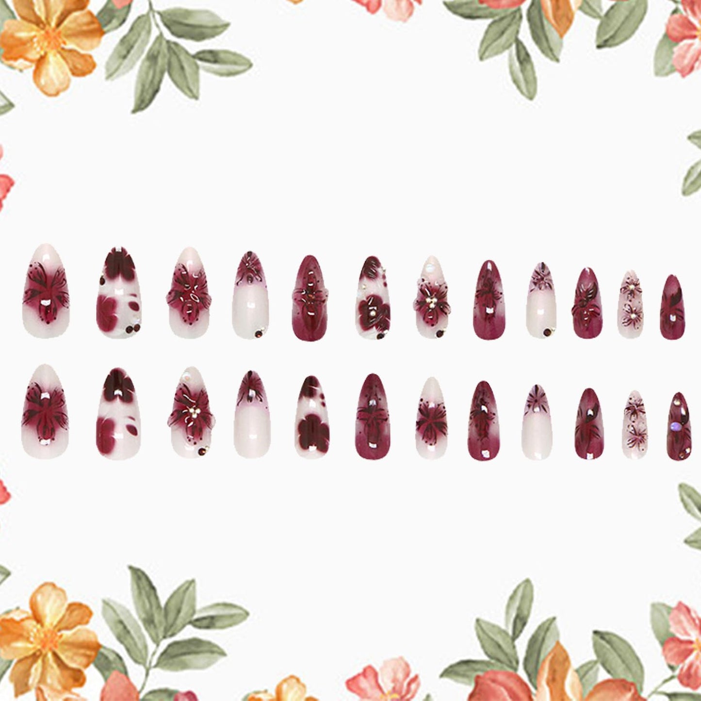 Flower Press on Nails Medium Almond Artificial Acrylic False Nails French Gradient Floral with Rhinestones Design Stick on Nail Full Cover Reusable Coffin Artificial Fingernails for Women Manicure