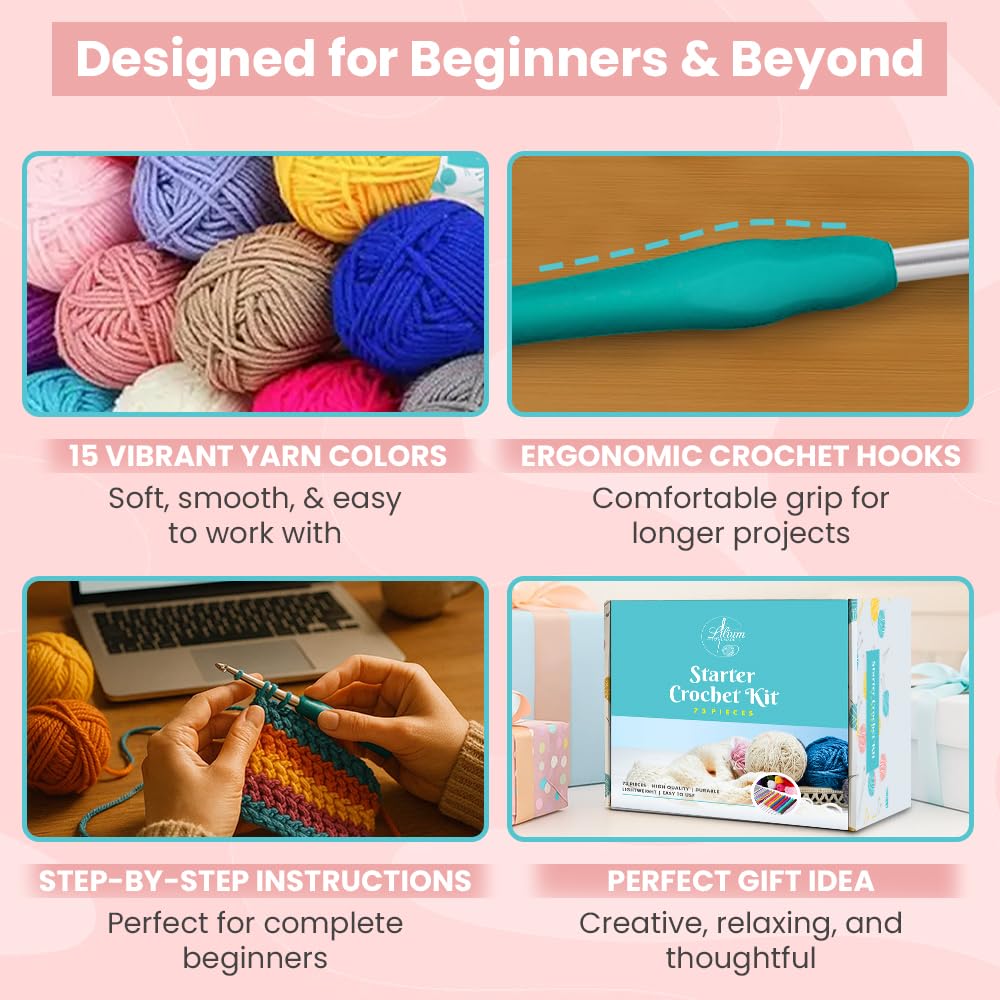 Starter Crochet Kit for Beginners Adults – 73PCS Complete Learn to Crochet Set with Yarn, Ergonomic Hooks & Accessories, Easy DIY Crochet Starter Kit, Craft Gift for Women, Teens & Adults