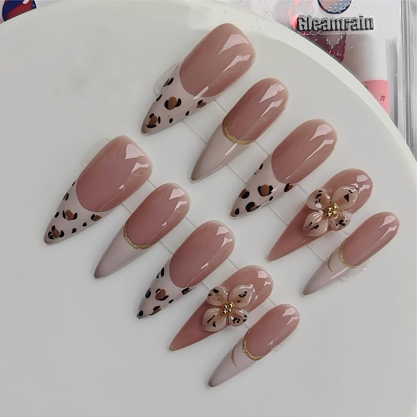 Gleamrain Long Almond Press on Nails French Tip Nude Base 3D Flower & Leopard Print Design Handmade M Size for Prom Party Holiday 1131HD