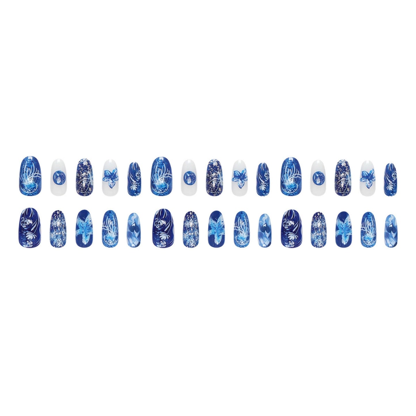 Medium Press on Nails Almond Fake Nails Blue Artificial Nail Seeneey Floral Designs Beach Stick on Nail for Women 24pcs