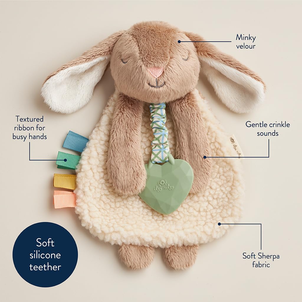 Itzy Ritzy - Itzy Lovey Including Teether - Baby Lovey with Teether, Textured Ribbons & Dangle Arms - Features Crinkle Sound, Sherpa Fabric and Minky Plush (Taupe Bunny)