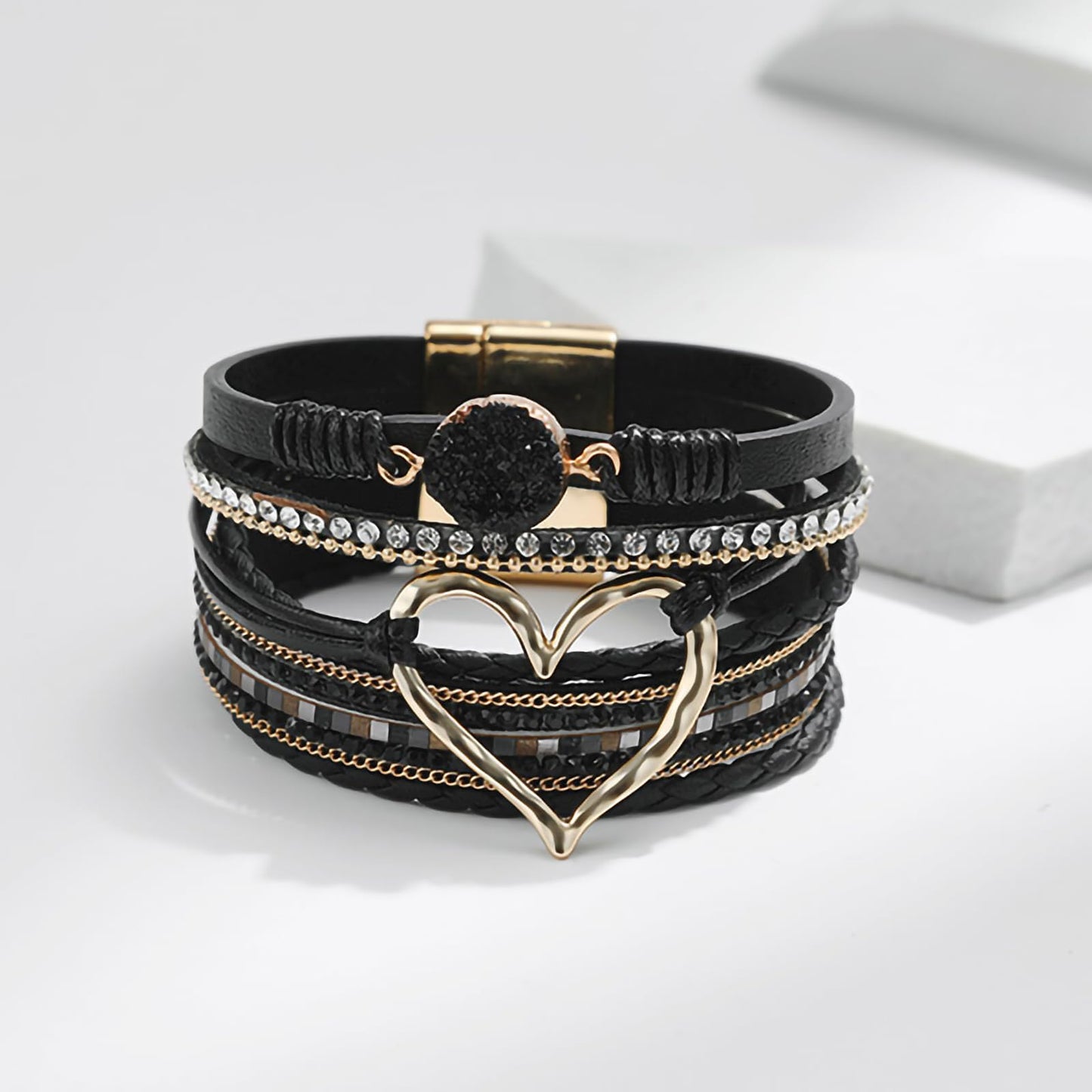 Leopard Bracelet for Women, Boho Leather Wrap Multi-Layer Pearl Crystal Bracelet Bangle Jewelry (Heart Leather(Black))