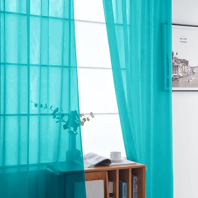 SpaceDresser Sheer Voile Window Treatment Rod Pocket Curtain Panels for Kitchen Bedroom Living Room Drapes Sunlight Filtering Privacy Semi Home Decor Assorted (Peacock Blue, 52 W x 96 L)