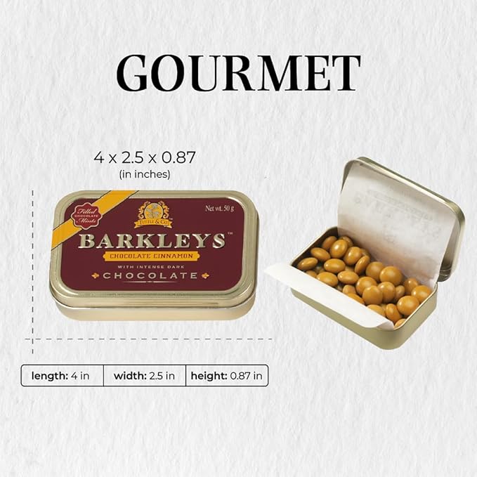 Barkleys Gourmet Chocolate&Cinnamon Breath Mints- Strong Chocolate Cinnamon Flavor for Party-After Dinner-Wedding-Every Day Use-Vegan Mints In Reusable Classic Travel Tins,1 Pack - 50 Count Each