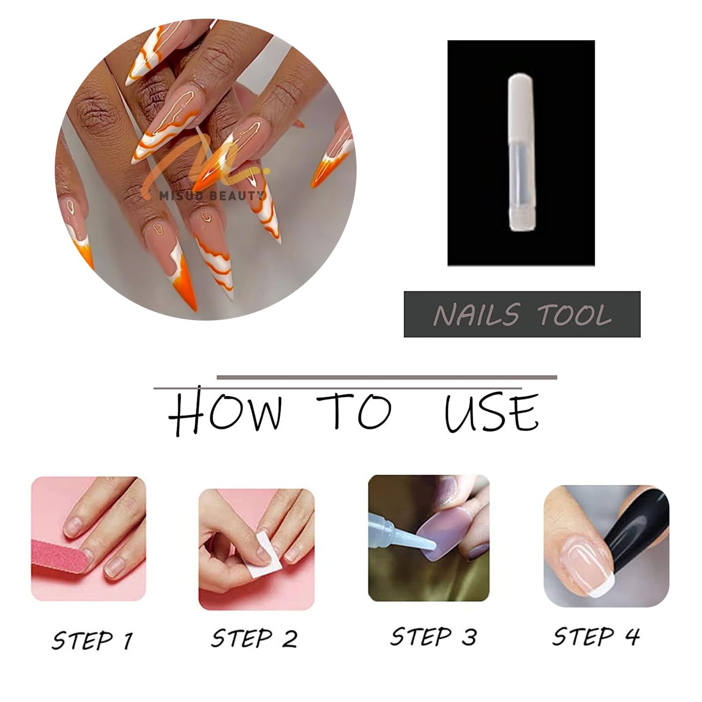 MISUD Press on Nails - Long Stiletto Glue on Nails with Orange Swirl, Acrylic Summer Design 24 pcs