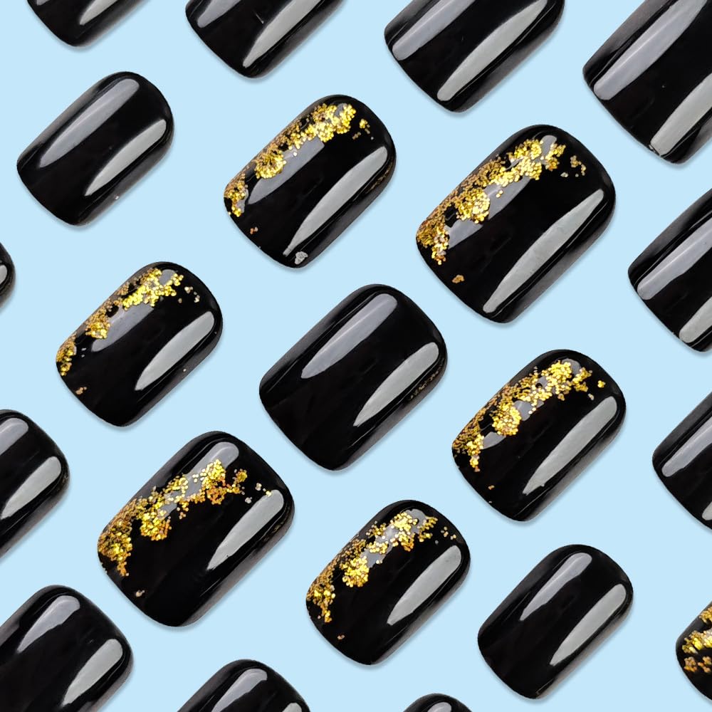 Black Press on Nails Short Square Fake Nails Gold Foil Glue on Nails Glossy Acrylic False Nails Reusable Manicure Art Nail Kit Black Full Cover Stick On Nail for Women 24Pcs