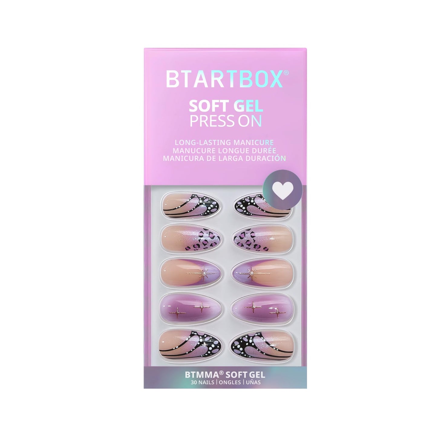 BTArtbox Press On Nails Medium - 3D Purple Butterfly French Tip Almond Press On Nails with Glue for Women, Opaque Soft Gel Glue On Nails in 15 Sizes - 30 Stick On Nails Kit, Flutter Besties