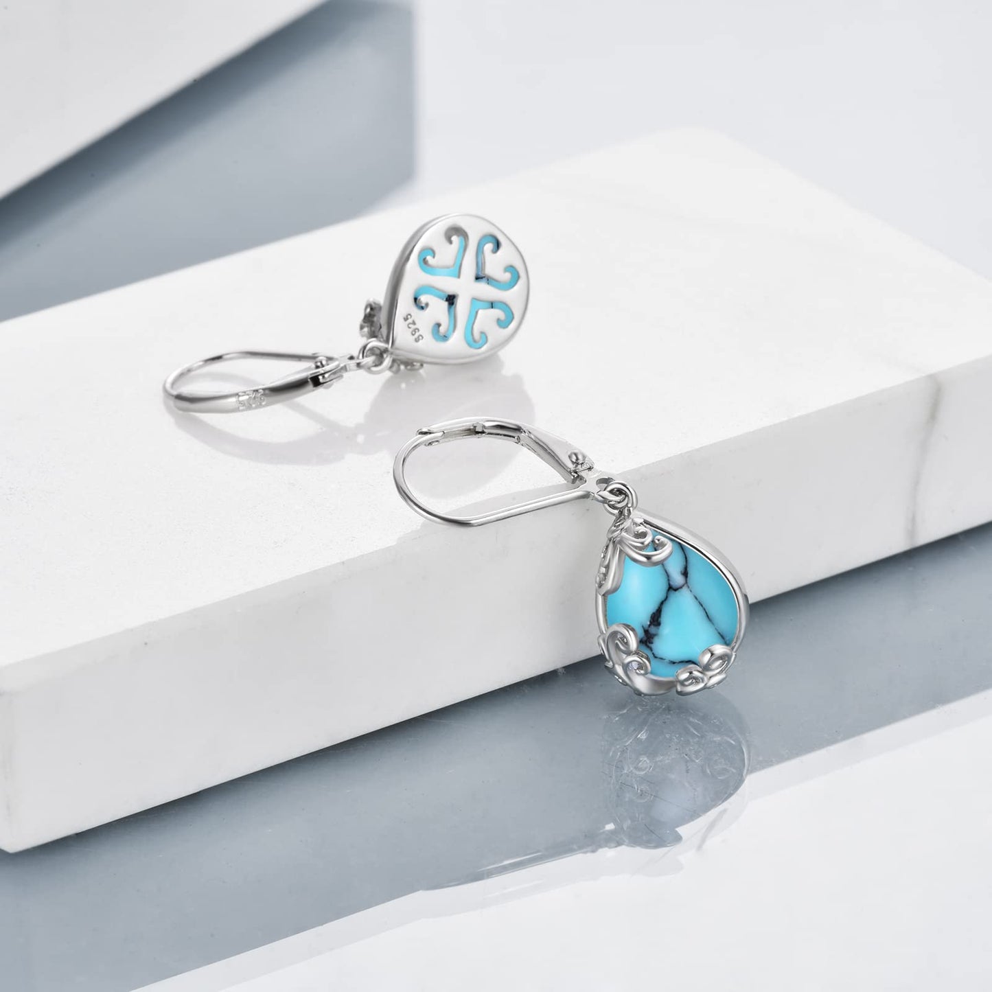 POPLYKE Turquoise Filigree Teardrop Drop Dangle Earrings Sterling Silver Leverback Earrings Jewelry