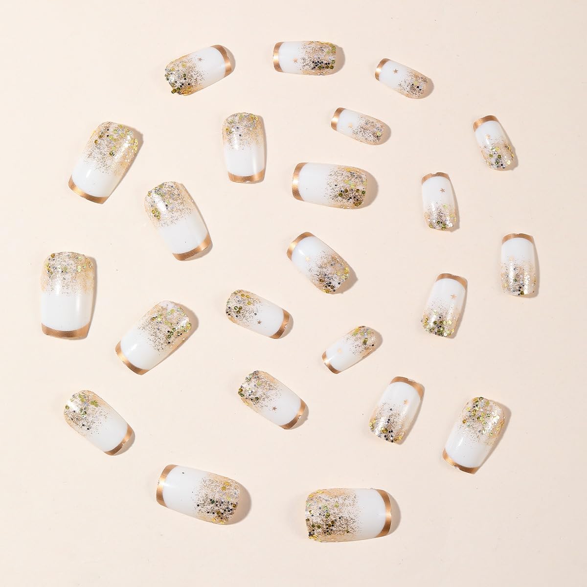 Medium Square Press on Nails White Fake Nails with Gold Glitter Design Acrylic Full Cover Stick on False Nails for Women Manicure 24Pcs