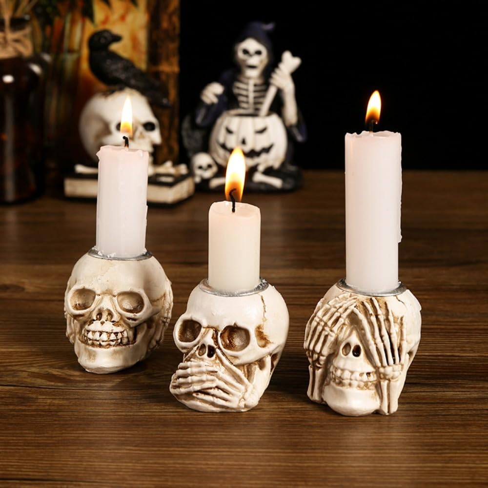 Christmas Skull Candle Holders Set of 3 – Gothic Skeleton Head Xmas Decorations for Spooky Home Décor, Haunted House, Party Centerpiece, Horror Candle Holder Gifts