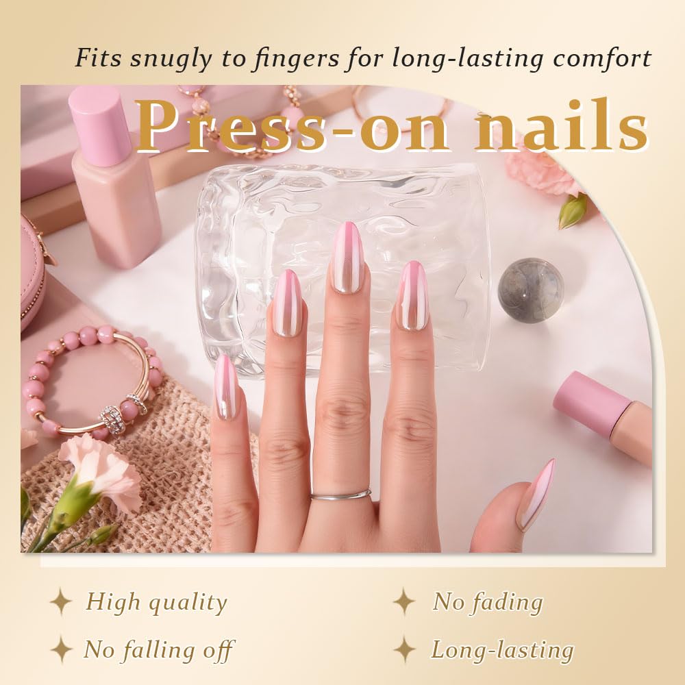 evpct Glazed Press On Nails Almond Medium, Ombre Nude to Pink, Chrome Glazed Glossy Medium Almond Fake False Press on Nails, Soft Gel Stick on nail Press ons with Nail Kit, Reusable Salon Quality