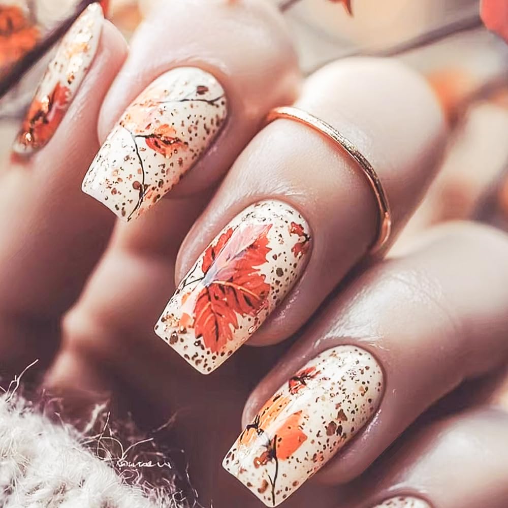 Fall Press on Nails Maple Leaves Fake Nails Medium Square False Nail with Gradient Designs Full Cover Reusable Acrylic Cute Autumn Nail for Women Girls 24Pcs