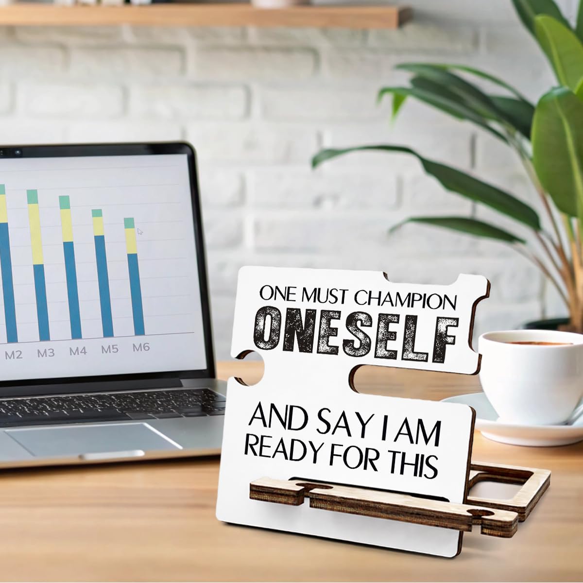 Inspirational Office Gift - Multi-functional Desk Organizer - Motivational Positive Office Quote Wooden Decor Sign for Coworker Desk Shelf Table