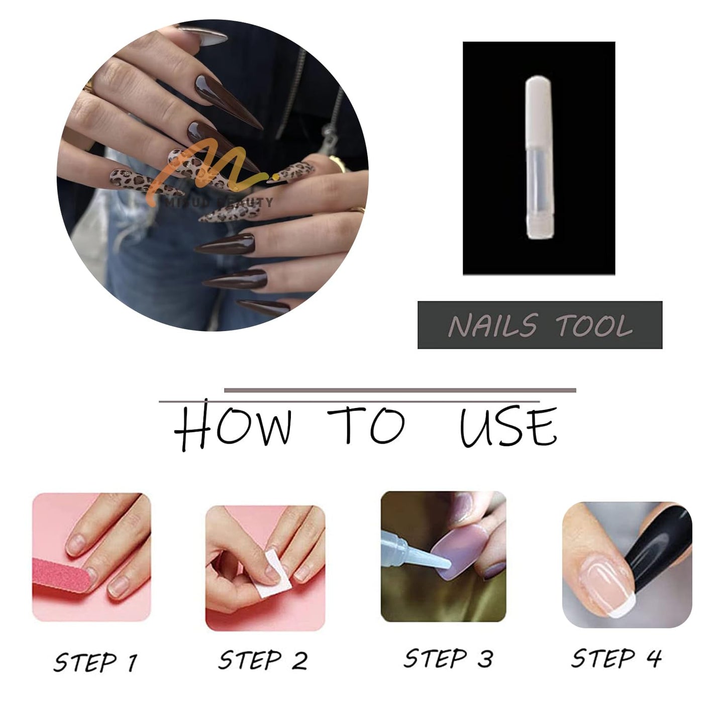 MISUD Press on Nails - Long Stiletto Fake Nails with Brown Leopard, Acrylic Bling Glitter Design 24 pcs