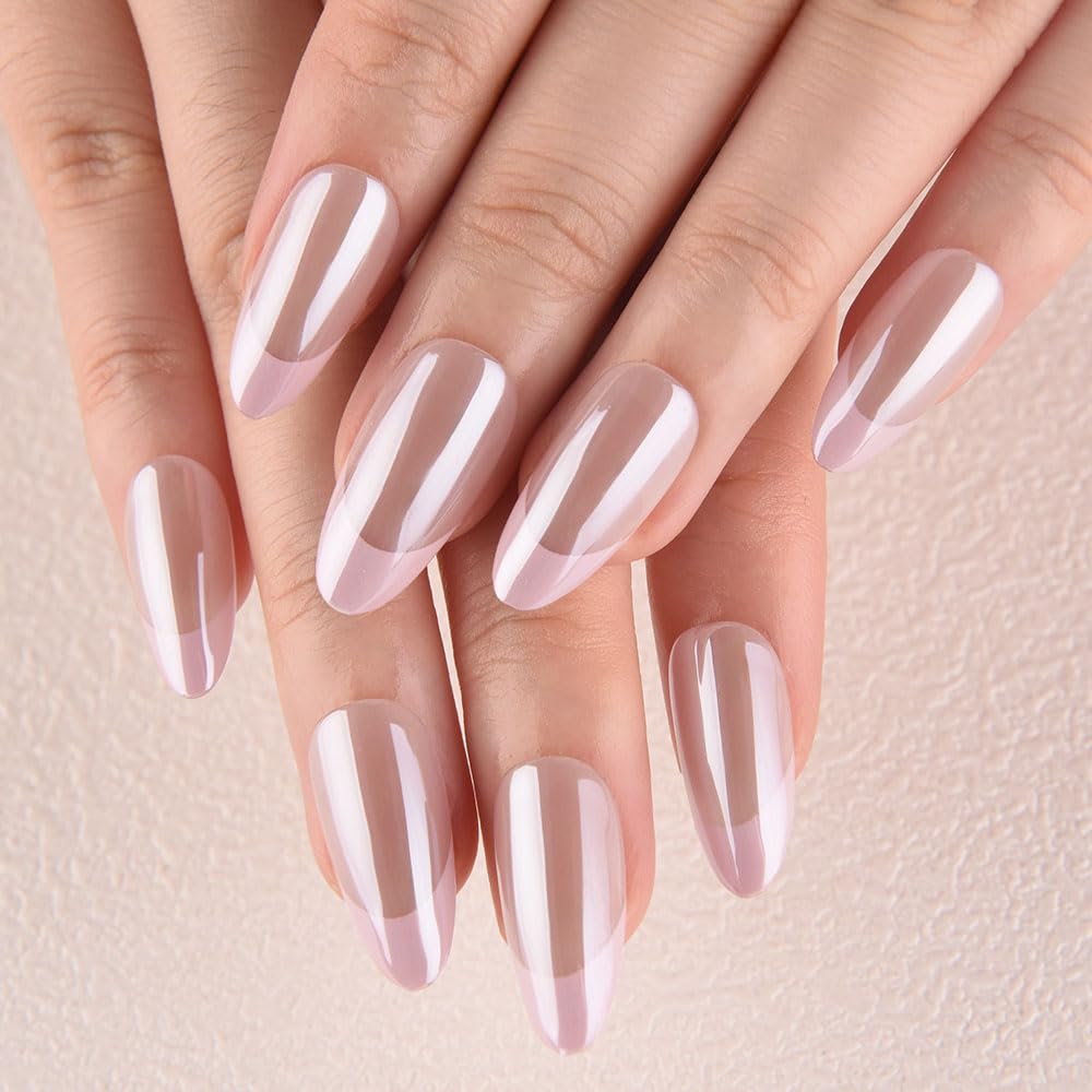 evpct French Tip Press On Nails Medium Almond No Glue, Nude Pink Tips, Chrome Glazed Glossy Medium Almond Fake False Press on Nails, Soft Stick on nail Press ons with Nail Kit, Reusable Salon-quality