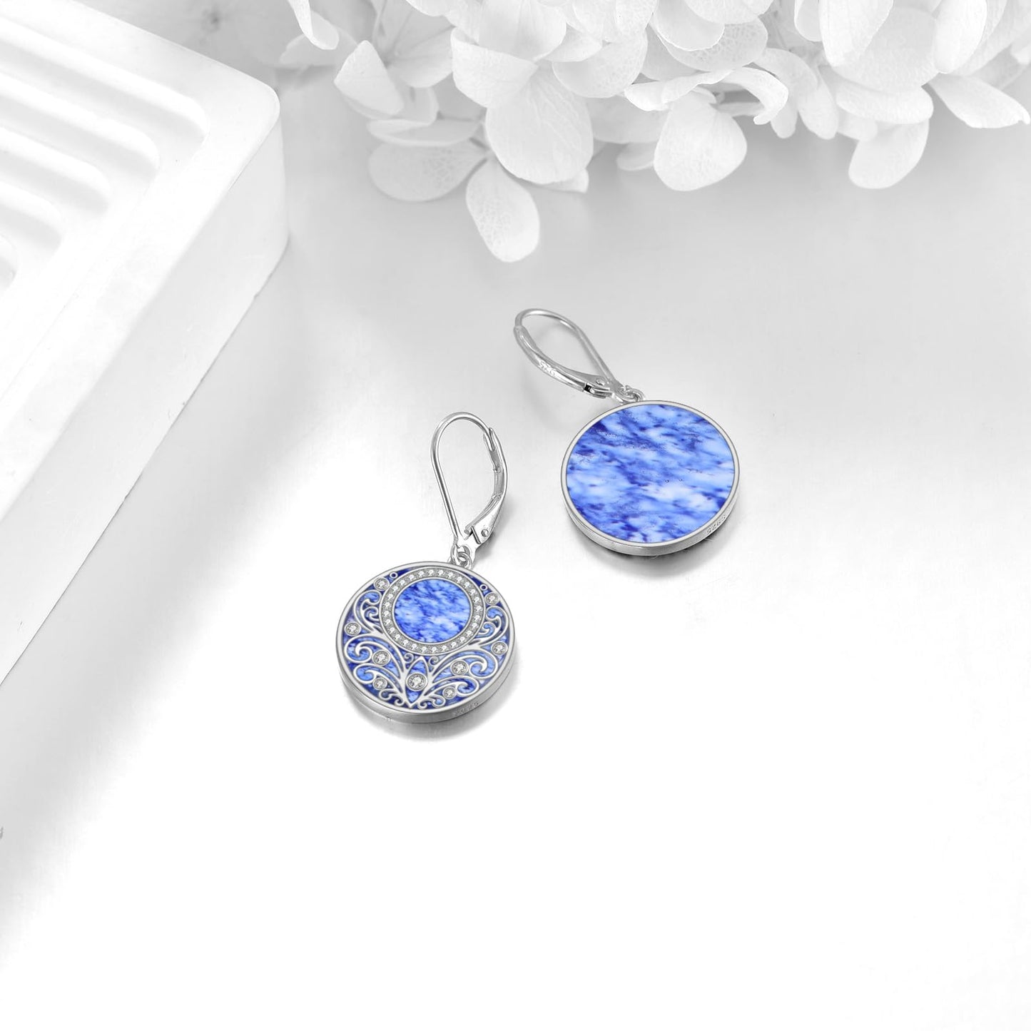 Blue Natural Stone Leverback Dangle Earrings Sterling Silver Filigree Endless Circle Drop Earrings Jewelry Gifts For Women