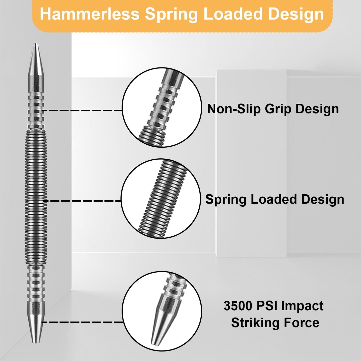 YUEARN 2 Pieces Dual Head Nail Setter, Double Ended 3/32″&1/8″ Spring Loaded Nail Set Hammerless Nail Punch Tool 3500 PSI Striking Force Counter Punch