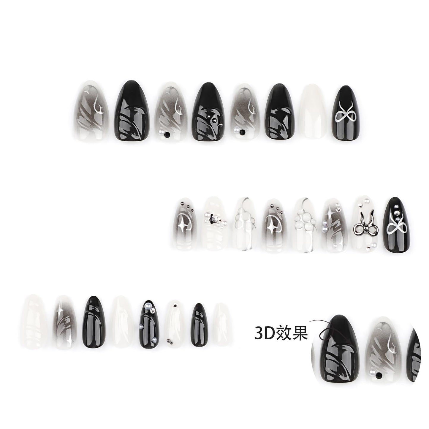 LBPEPAMZ Black Press on Nails Medium Almond Fake Nails with 3D Alloy Bow Pearl Designs Black Gradient Full Cover False Nail Water Drops Silver Star Glossy Acrylic Nails Stick on Nail for Women 24Pcs