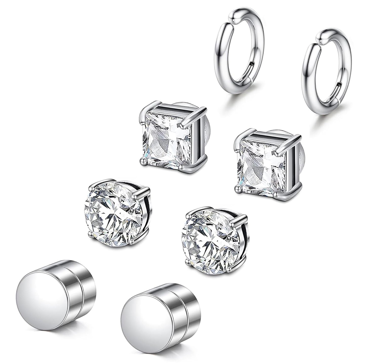SIISPRI Magnetic Earrings for Men and Women,4 Pairs Clip on Earring Hypoallergenic Shiny Cubic Zirconia Stud Earrings Unisex Non Pierced Silver Ear Cuff Gold Fake Huggie Earrings Set (Silver)