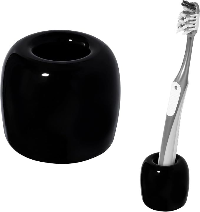 Urbanstrive Ceramic Toothbrush Holders for Bathrooms, Sleek Tooth Brush Holder Toothbrush Stand Tooth Brushing Holder, Portable Bathroom Accessories Organizer, Black, 1 Pack