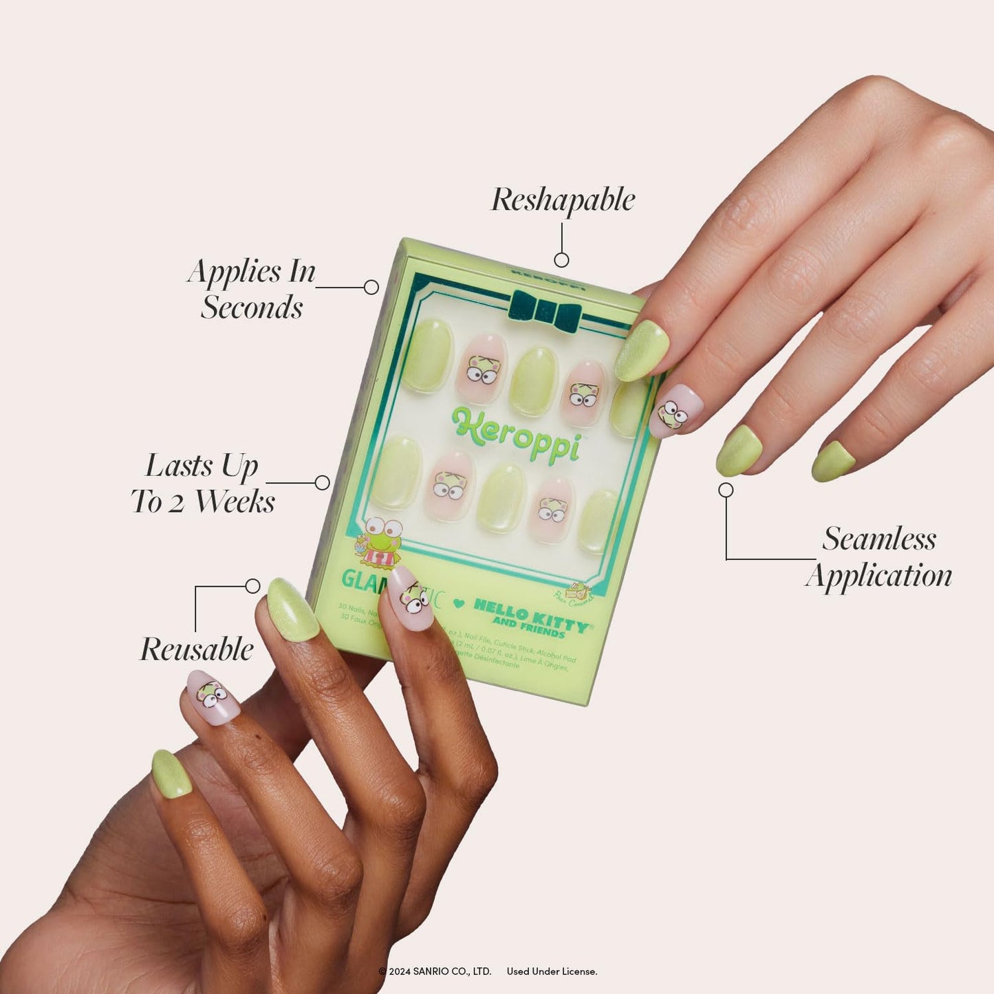 Glamnetic x Hello Kitty® and Friends Press On Nails - Keroppi™ | Short Oval Pastel Green Graphic Fake Nails in a Velvet Finish | 15 Sizes - 30 Nail Kit with Glue