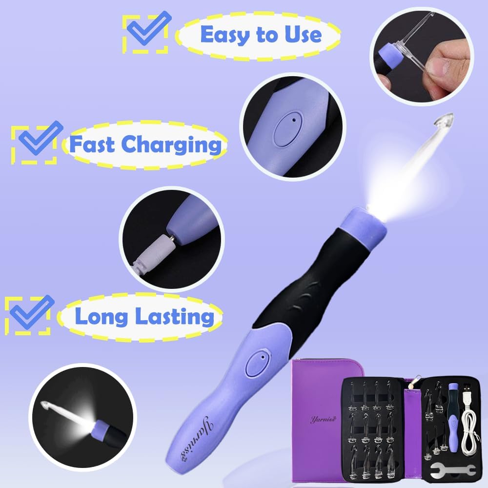 Yarniss 17 Sizes Lighted Crochet Hooks Set 2.5mm~14.0mm, Rechargeable Crochet Hook with Interchangeable Crochet Head