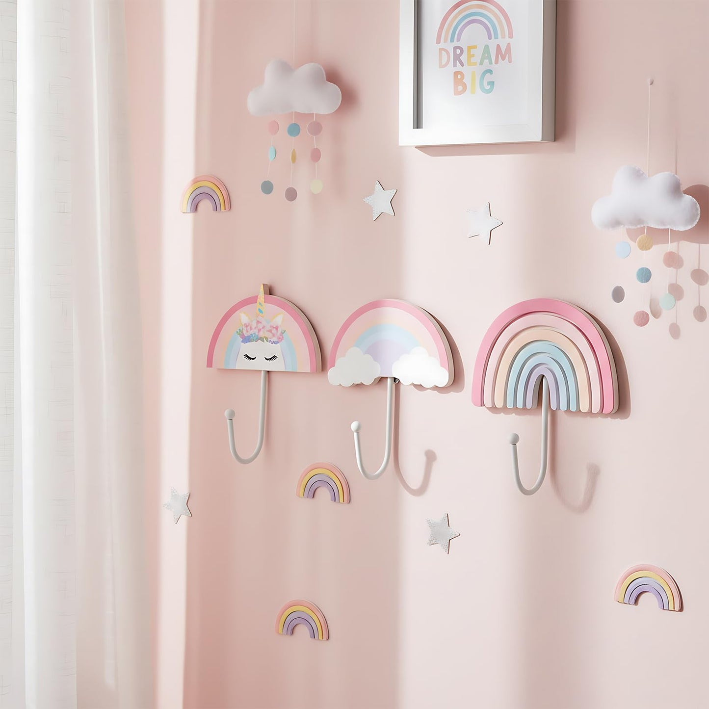 AceOrbit 3 Pcs Rainbow Wall Hooks Unicorn Wall Hangers Pink Nursery Coat Rack Rainbow Art Holder for Kids Bedroom Home Decoration