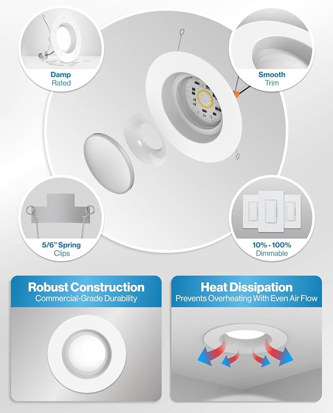 Sunco 12 Pack 6 Inch LED Can Lights, Retrofit Recessed Lighting, Smooth Trim, 965 LM, 13W (75W Equivalent), 3000K Warm White, Dimmable, Damp Rated UL.