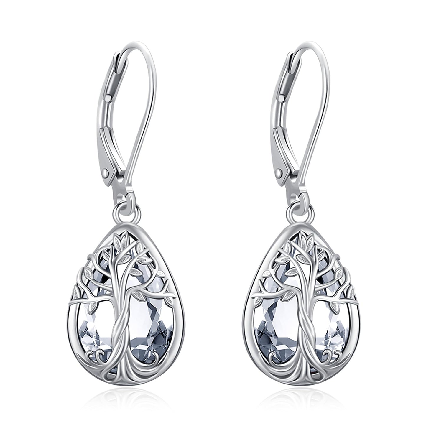 Eusense Tree of Life Dangle Earrings Teardrop Drop Sterling Silver Earrings CZ Clear White Birthstone Leverback Tree of Life Jewelry Gift for Women