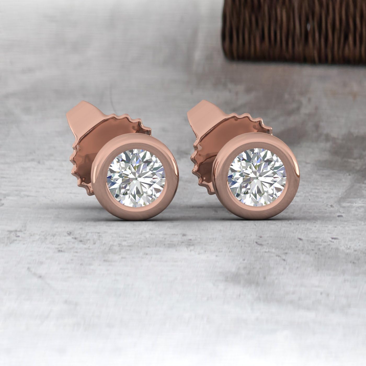 0.14 Carat Bezel Set Natural Diamond Stud Earrings for Women in 10K Rose Gold