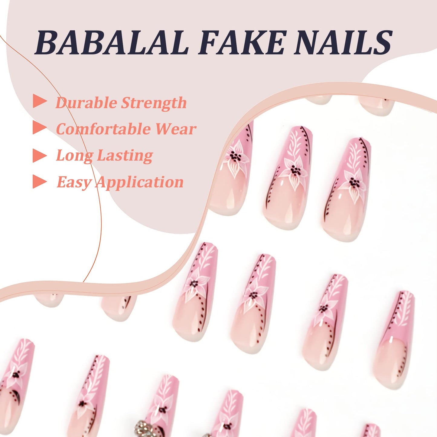 BABALAL Coffin Press on Nails Long French Fake Nails Pink Glossy Glue on Acrylic Nails with Flower Design 24Pcs