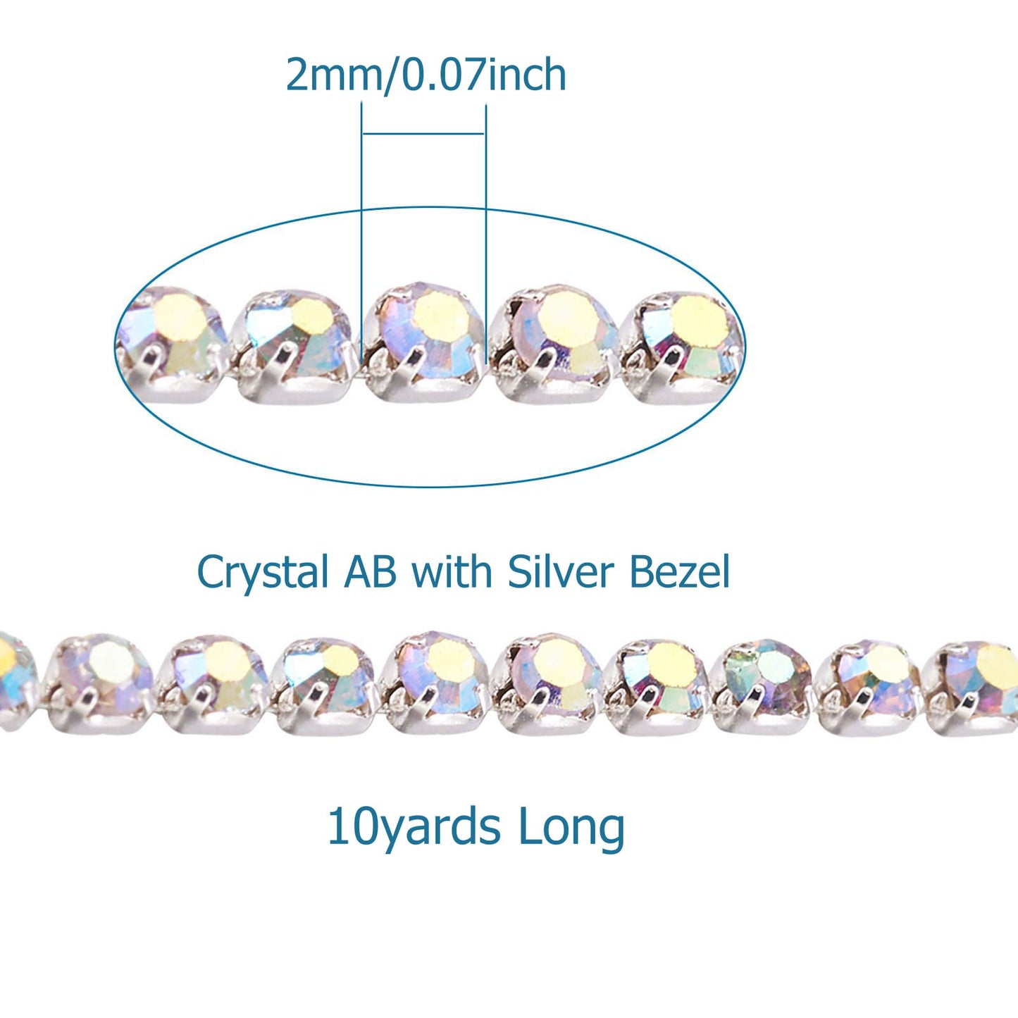 Fashewelry 10 Yards Crystal AB Rhinestone Close Cup Chain 2mm Trimming Beaded Applique Claw Chain Roll for DIY Art Craft Clothes Wedding Party Decoration