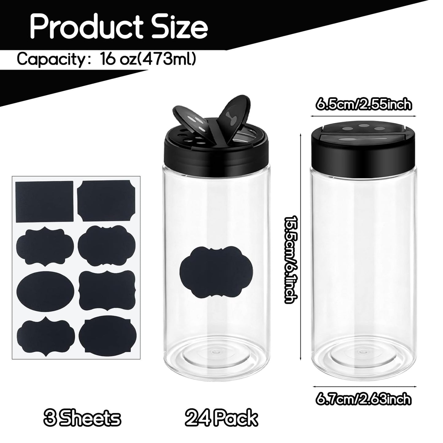 24 Pack 16 Oz Plastic Spice Jars Bottles Empty Seasoning Bottles Containers Small Clear Spice Shaker and Stickers with Black Cap for Storing Spices, Salt, Herbs