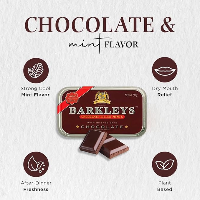 Barkleys Chocolate Breath Mints -Strong Peppermint Flavor- Chocolate Candy, Breath Freshener, After Dinner Mints In Reusable Classic Travel Tins - Vegan, 6 Pack - 50 Count Each