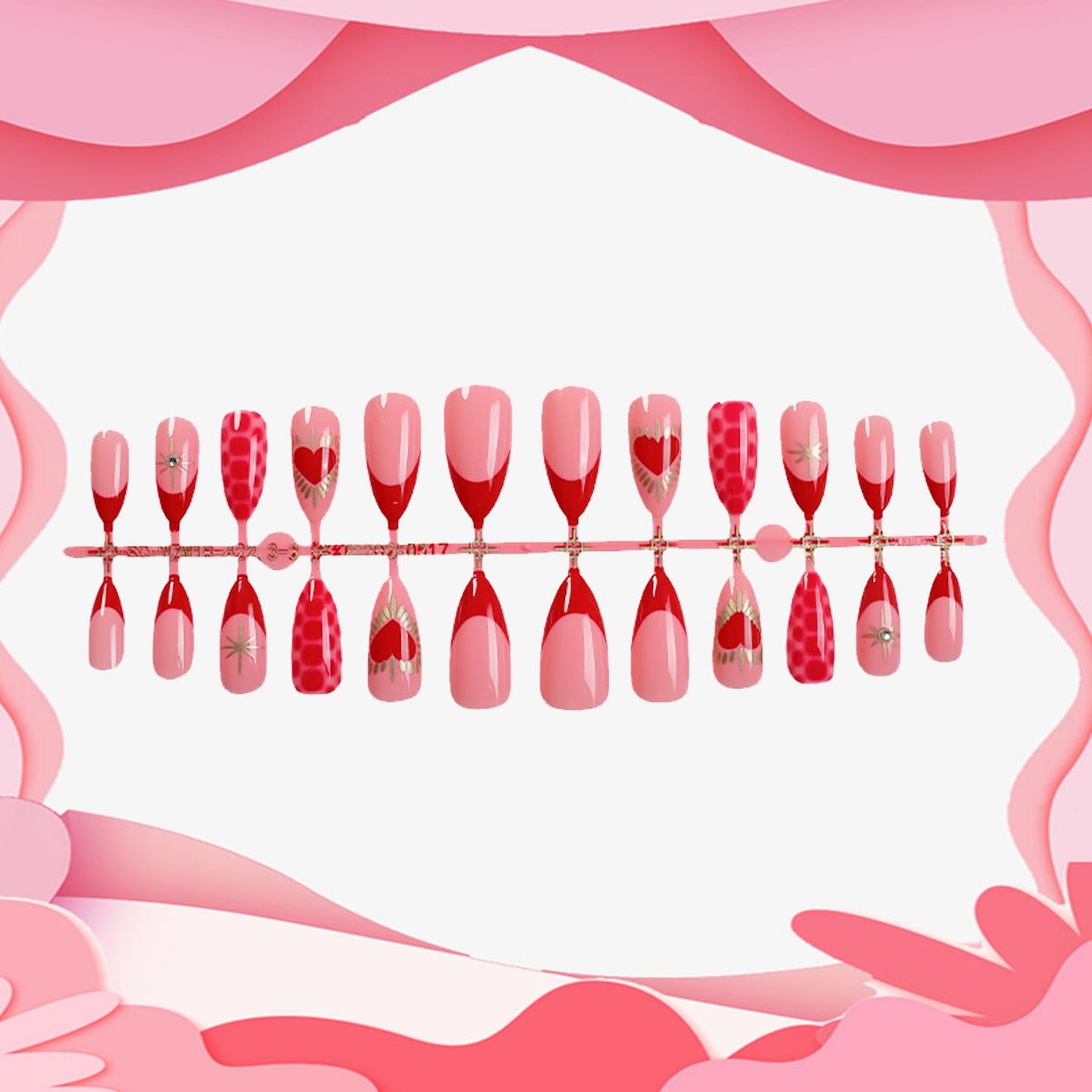 French Red Valentines Press on Nails Medium Almond Artificial Acrylic Fingernails Leopard Print with Red Love Metal Lines Full Cover Glossy Glue on Nails Press Ons Nail for Women Festival Manicure