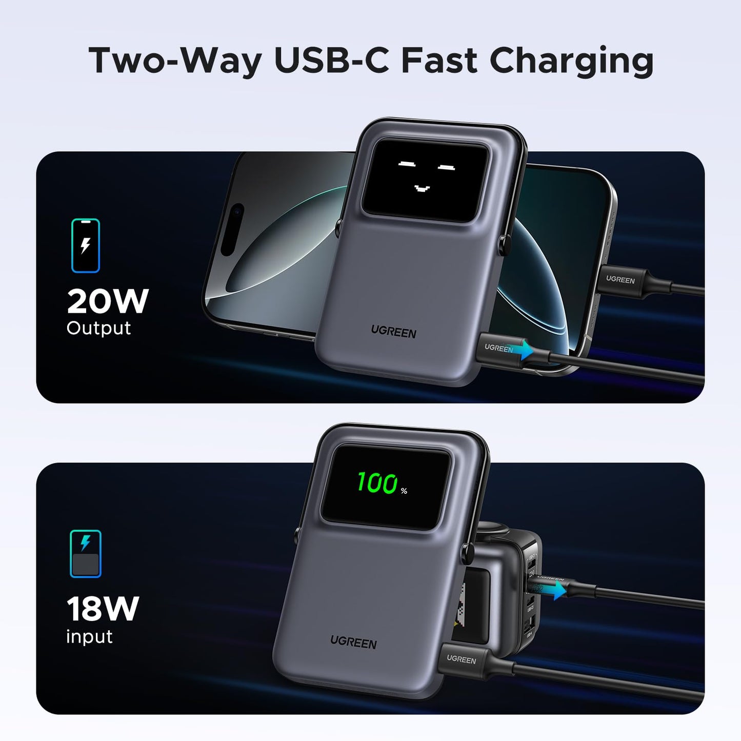 UGREEN Uno Magnetic Power Bank, Wireless Portable Charger, 20W Fast Charging Battery Pack with Foldable Stand and TFT Display 5000mAh for iPhone 17/17 Air/17 Pro/17 Pro Max/16/15/14/13 Series, Black
