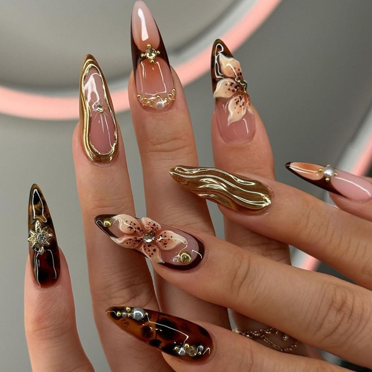 Long Press on Nails Almond Fake Nails Brown False Nails Flowers Artificial Nails with Gold Charm Designs Summer Handmade Nails 3D Floral Stick on Nails for Women 24pcs
