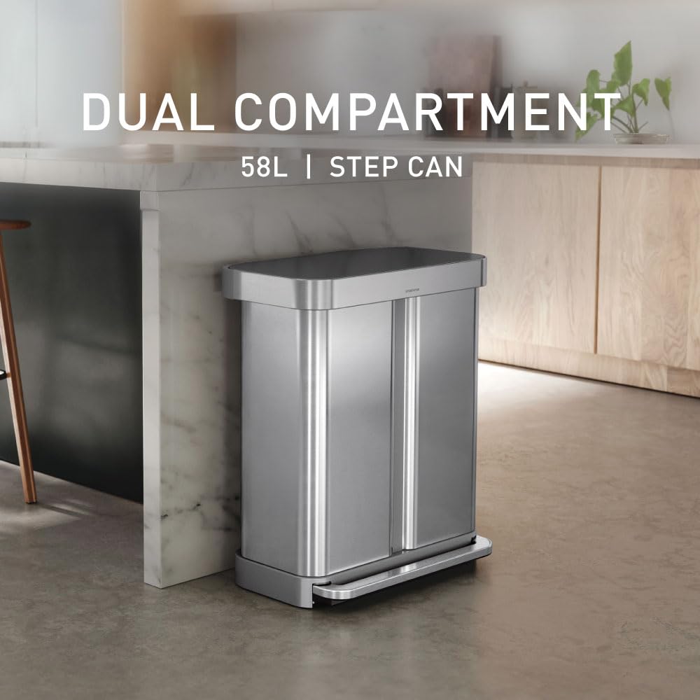 simplehuman 58 Liter / 15.3 Gallon Rectangular Dual Compartment Recycling Step, Brushed Stainless Steel with Soft-Close Plastic Lid Kitchen Trash Can